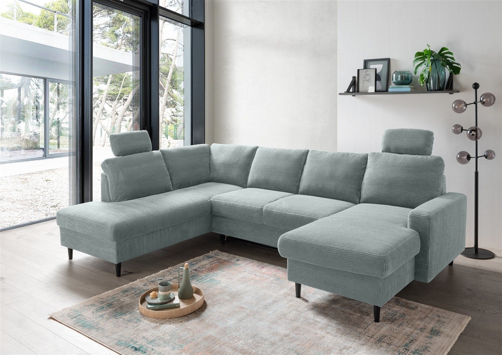 freiraum Wohnlandschaft Pris, U-Form, Funktionen, cord aqua - 153x305x75x200 (LxBxHxT)