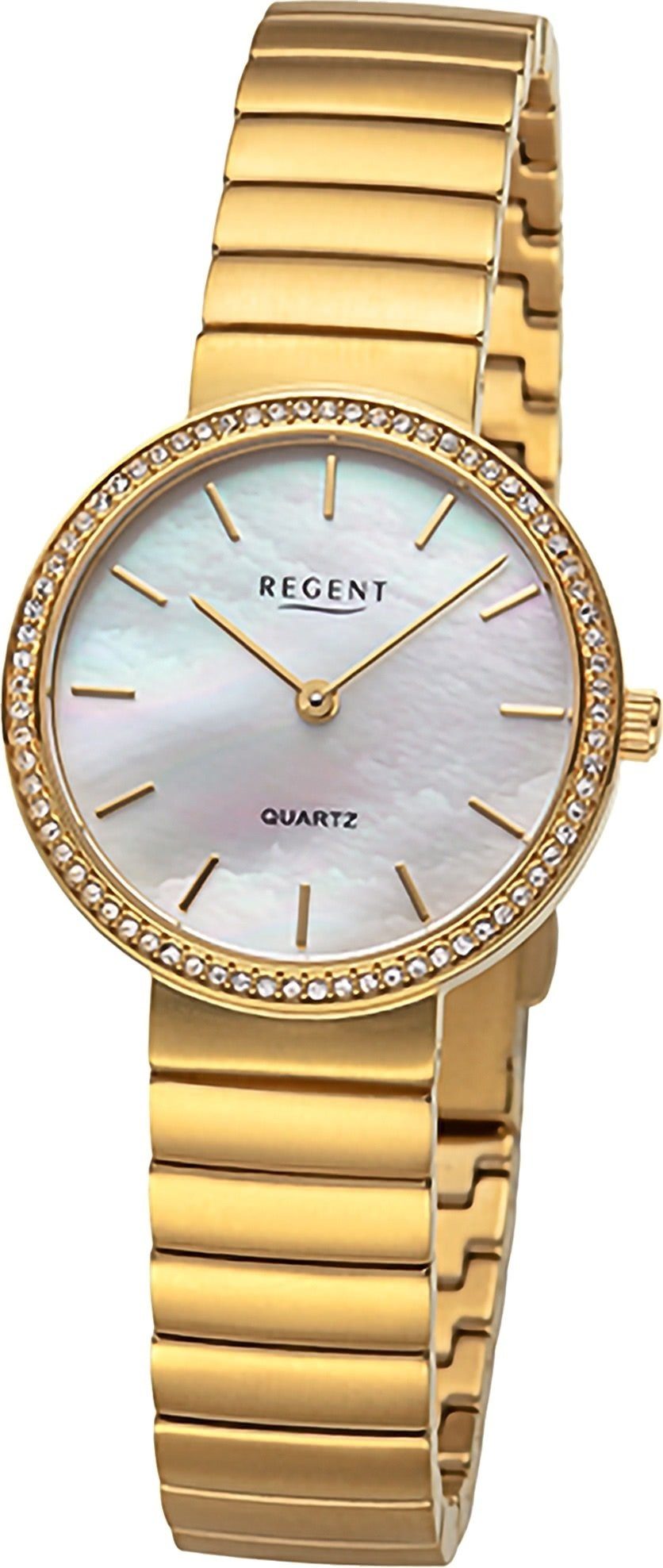 Regent Quarzuhr Regent Damen Armbanduhr Analog, Damenuhr Metallarmband gold, rundes Gehäuse, extra groß (ca. 30mm)