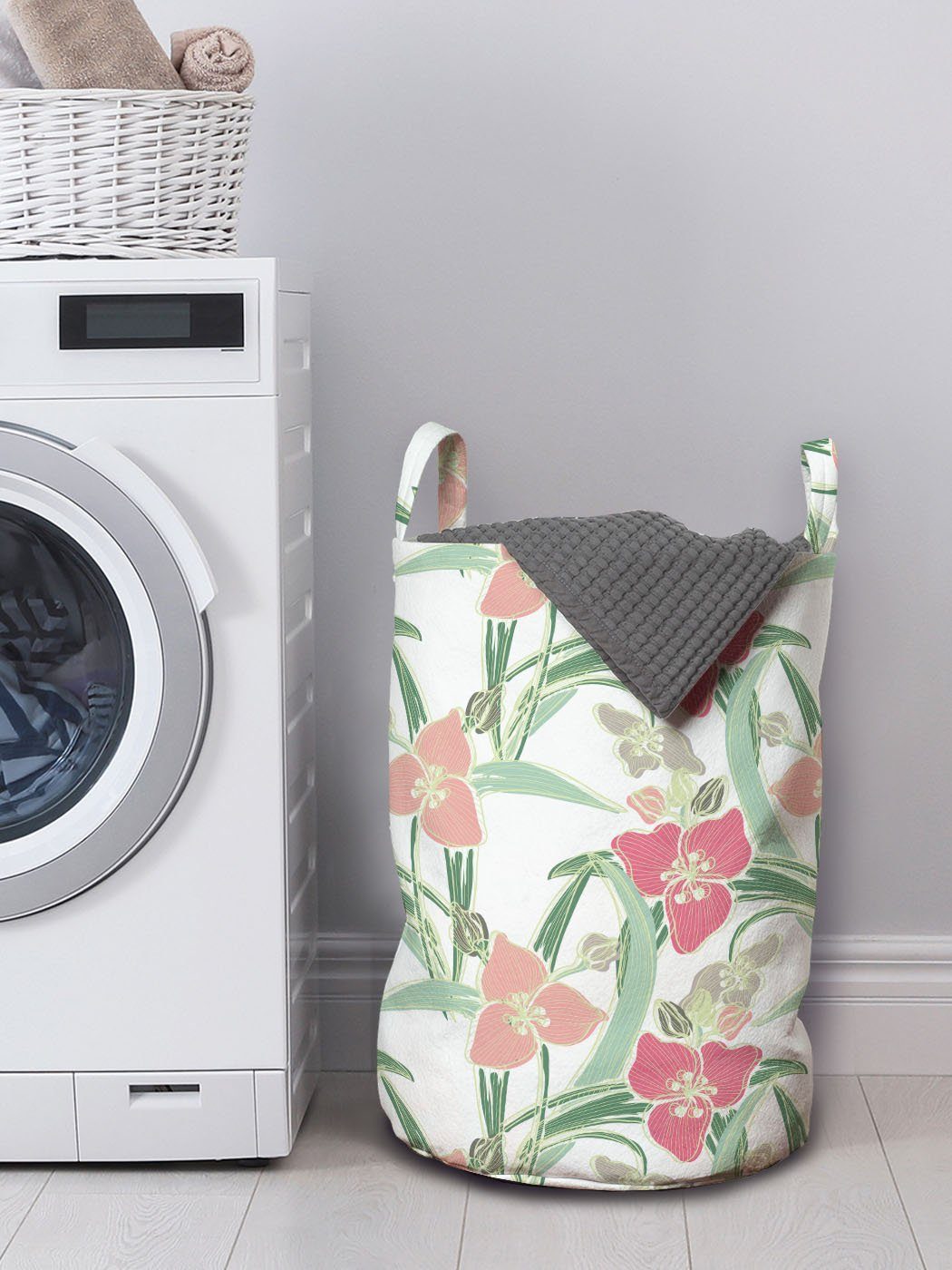 Abakuhaus Wäschesäckchen Wäschekorb mit Griffen gezeichnet für Blossom Zier Hand Lilie Kordelzugverschluss Waschsalons
