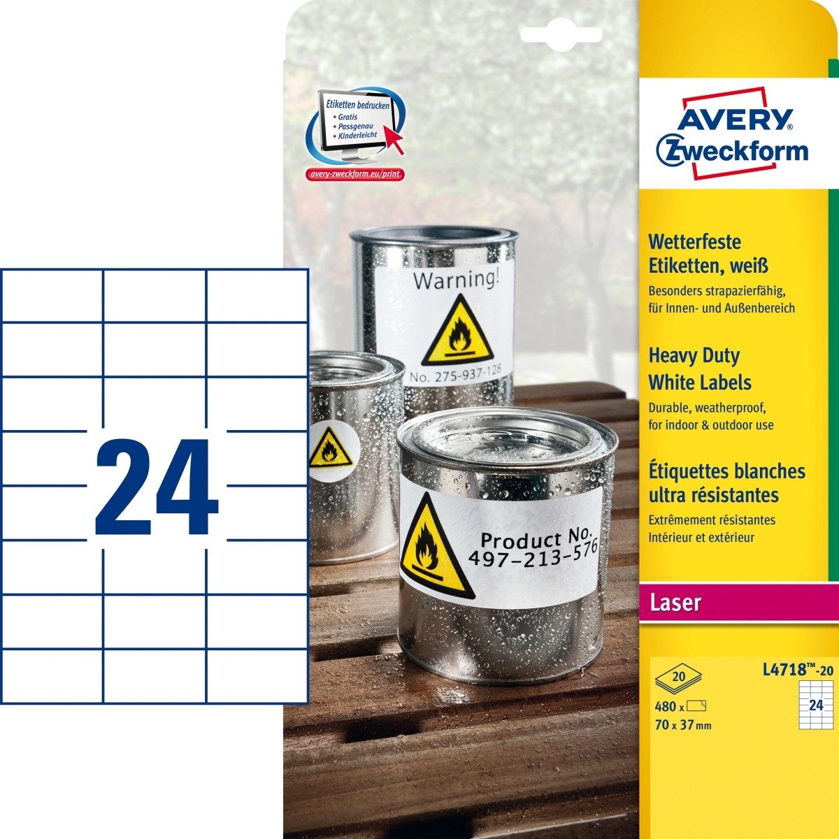 Avery Zweckform Etiketten Etiketten wetterfest Polyester weiß 70x37mm VE=480 Etiketten