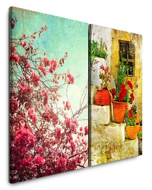 Sinus Art Leinwandbild 2 Bilder je 60x90cm Blumen Sommer Mediterran Spanien Blumentöpfe warmes Licht Entspannend