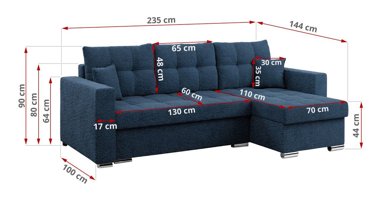 Ecksofa L-Form, MKS MÖBEL mit Schlaffunktion und ARMANDO, Bettkasten Dunkelblau Abriamo