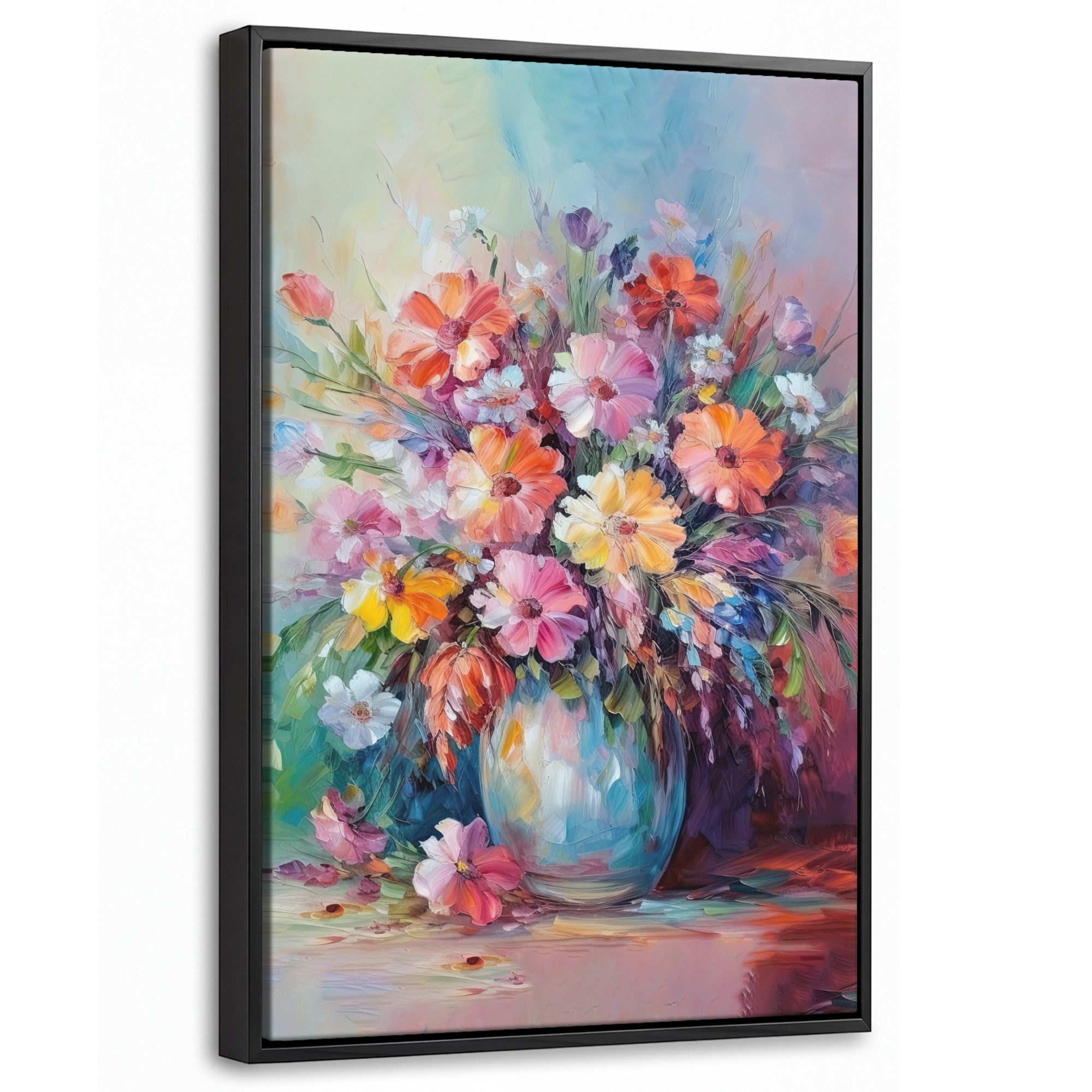 OneMillionCanvasses® Leinwandbild mit Rahmen - Blumen - Kunst - Malerei - Frühling - Blumenstrauß, Fotodruck (1 St), Deko für Wohnzimmer Schlafzimmer Küche 20x30cm