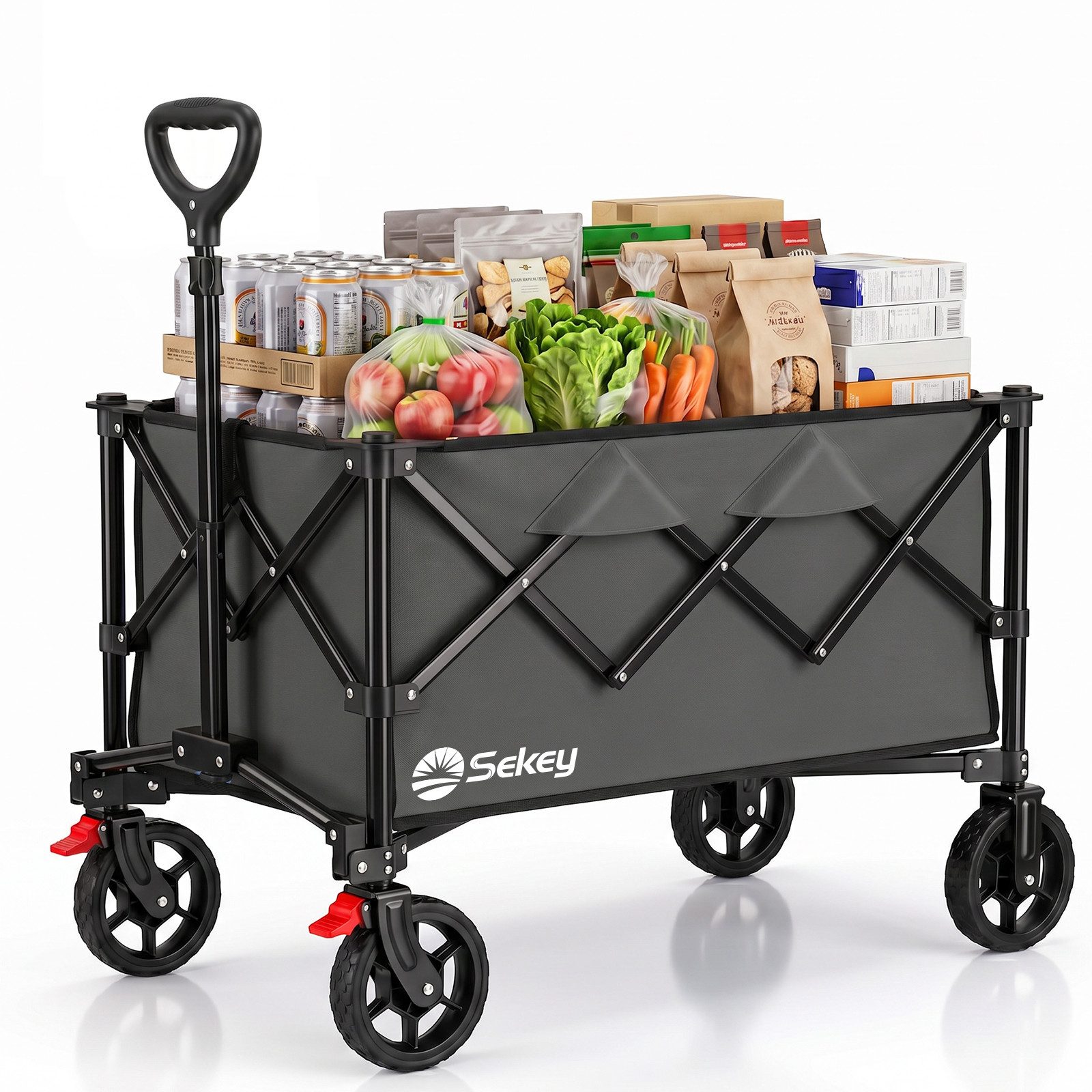 Sekey Bollerwagen Bollerwagen Faltbar Handwagen Belastbar bis 150kg Transportwagen, Zusammenfaltbar aus 4 Richtungen, mit verstellbarem Handgriff