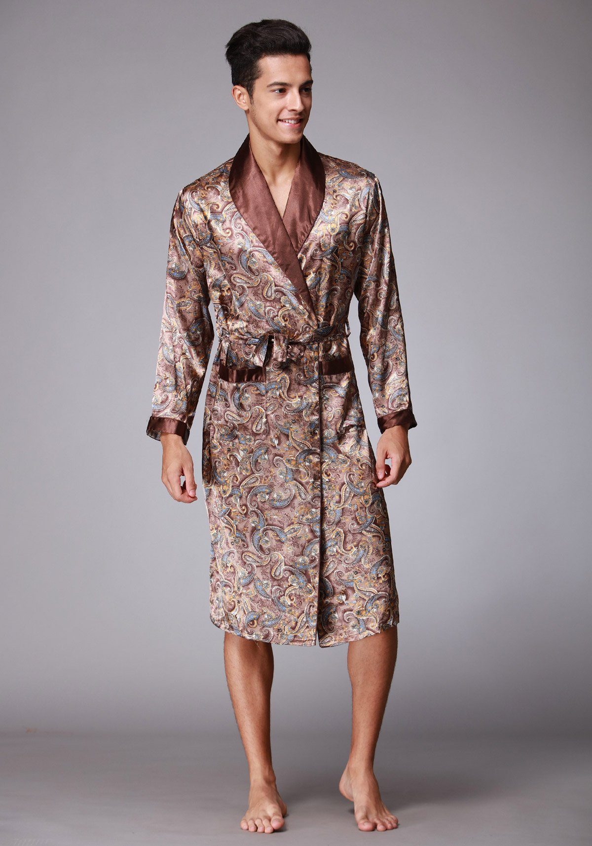 Morgenmantel Herren Schlafmantel Bademantel kimono lang leicht satin Sauna