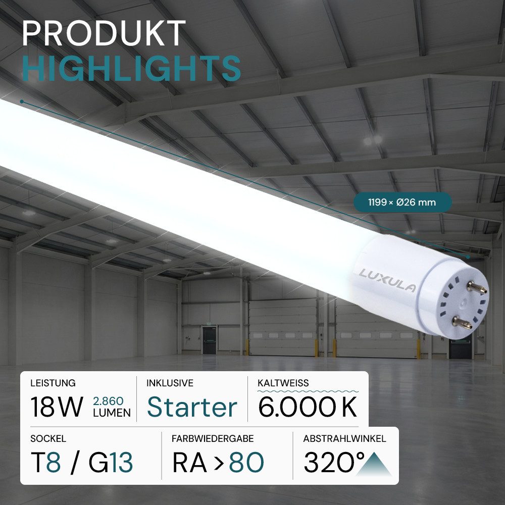 LUXULA LED-Leuchtmittel LUXULA LED-Röhre T8 18 W 6000 K Kaltweiß, G13, Kaltweiß