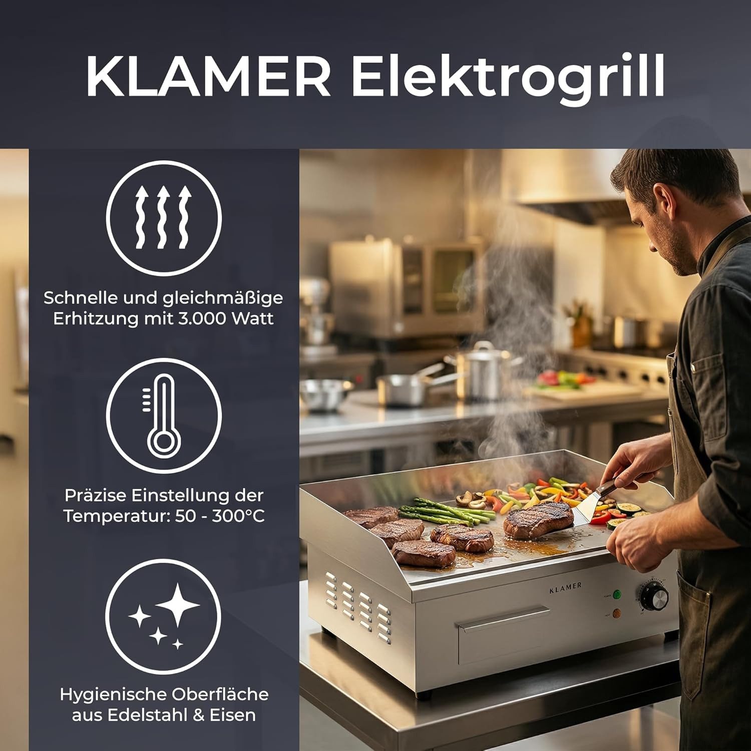 KLAMER Elektrogrill Edelstahl 3000W, XL Grillplatte 54,5x38,5 cm, Tischgrill Elektrisch 5…, 3000 W, Anti-Haft-Oberfläche, Fettbehälter, Stufenlose Temperaturregelung