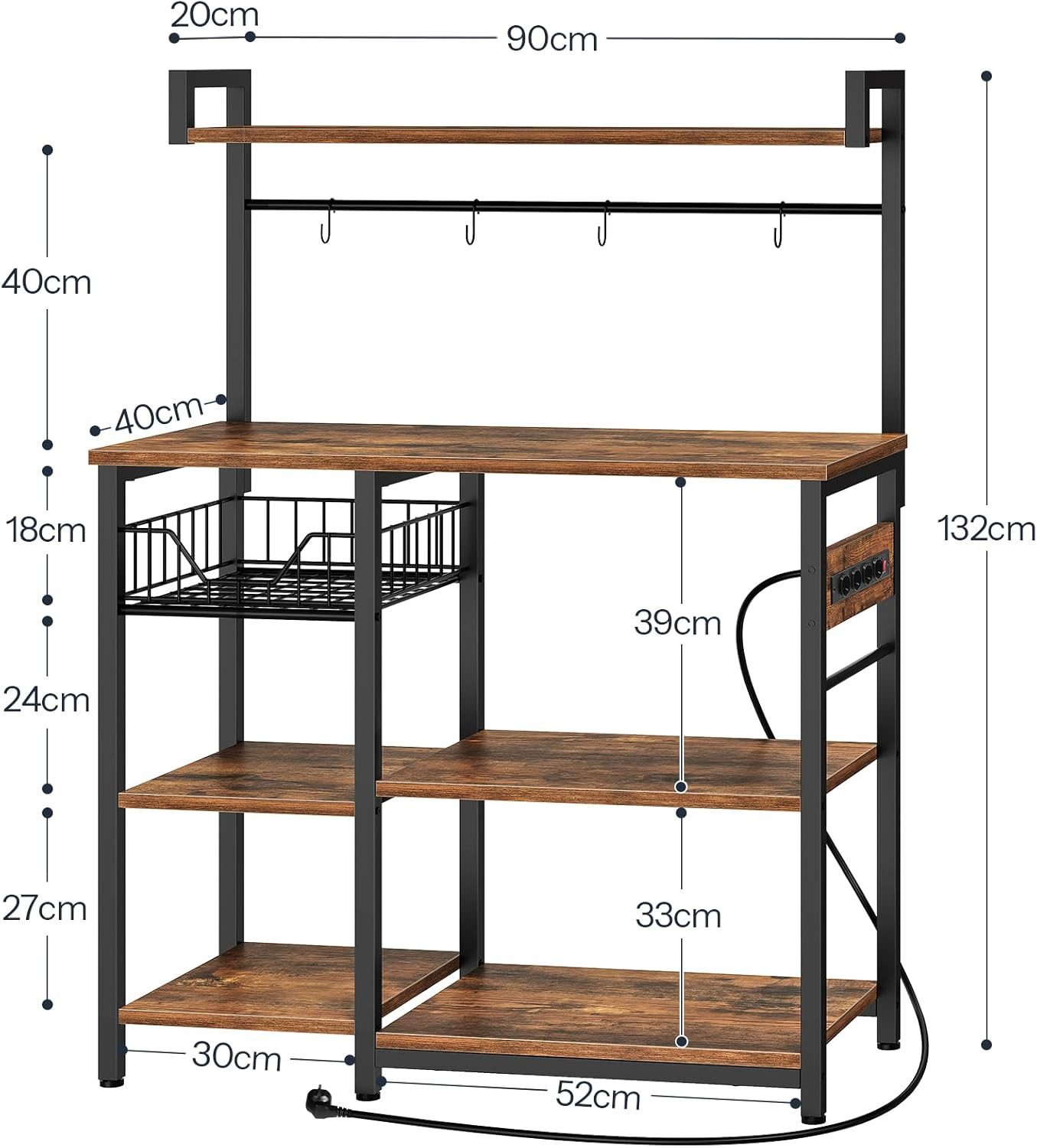 Hoobro Küchenregal Standregal mit Steckdose & Haken,Mikrowellenregal Industrial