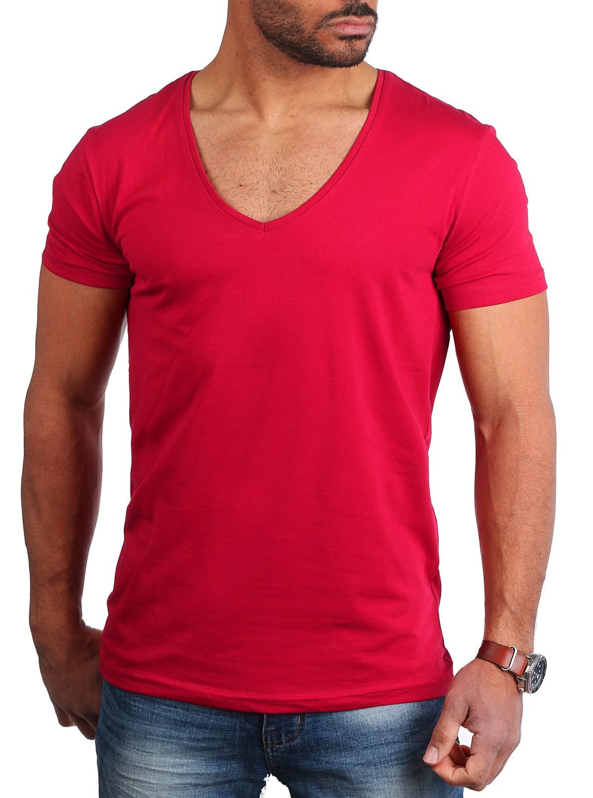 Young & Rich T-Shirt Herren Uni Basic extra tiefer Ausschnitt Unterziehshirt 1315 V-Ausschnitt unifarben kurzarm slim fit