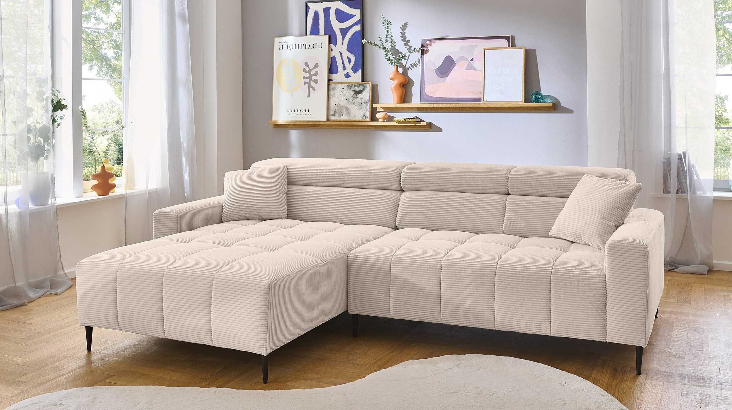 Massivart® Ecksofa Cord 256 cm / Cordsofa / Sitztiefen- & Kopfteilverstellung / SIMPLE, Nosagfederung · frei im Raum stellbar