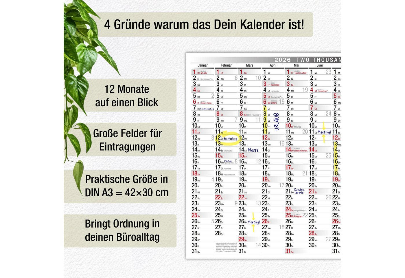 Thumbnail - TOBJA Wandkalender Plakatkalender Wandkalender 2026 in DIN A3, Jahreskalender Büro Kalender 2026 Feiertagen Jahresplaner...