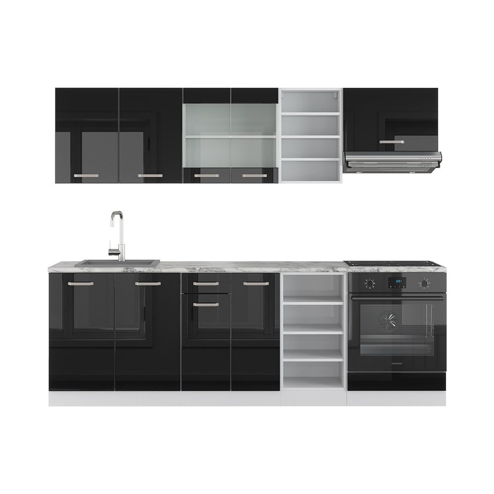 Vicco Küchenzeile R-Line, Schwarz Hochglanz/Weiß, 240 cm, AP Eiche