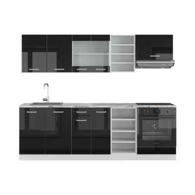 Vicco Küchenzeile R-Line, Schwarz Hochglanz/Weiß, 240 cm mit Arbeitsplatte