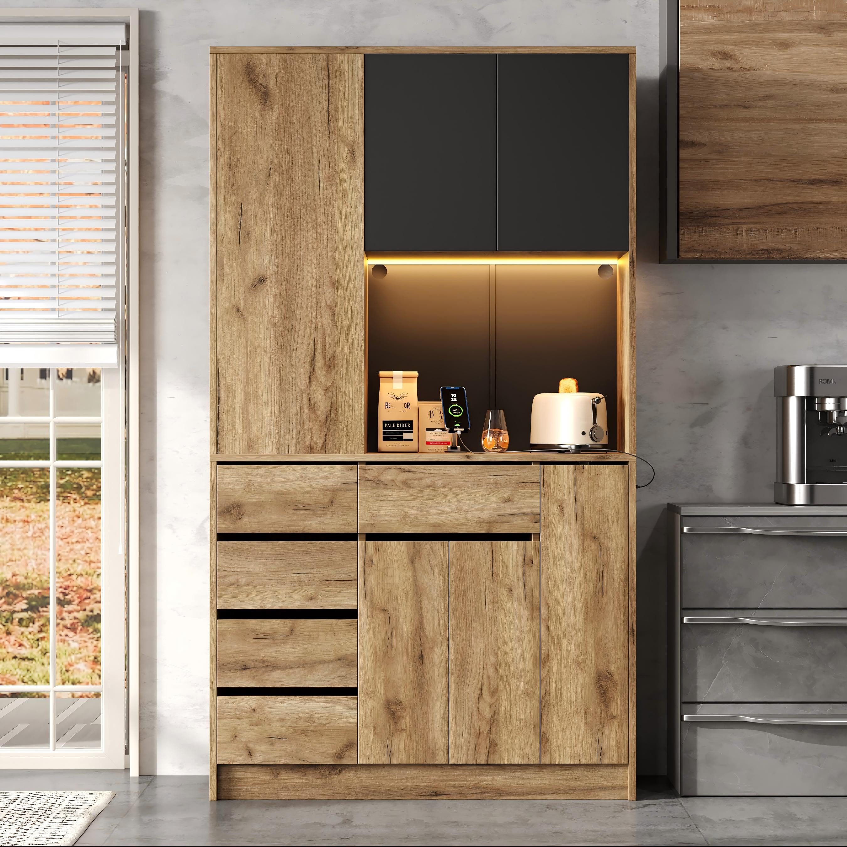 Ulife Küchenbuffet Küchen-Hochschrank 185 cm: 4-fach Gewürzregal, LED, Steckdose (1-St) Ausziehbar, verstellbar, Fernbedienung – platzsparend & modern