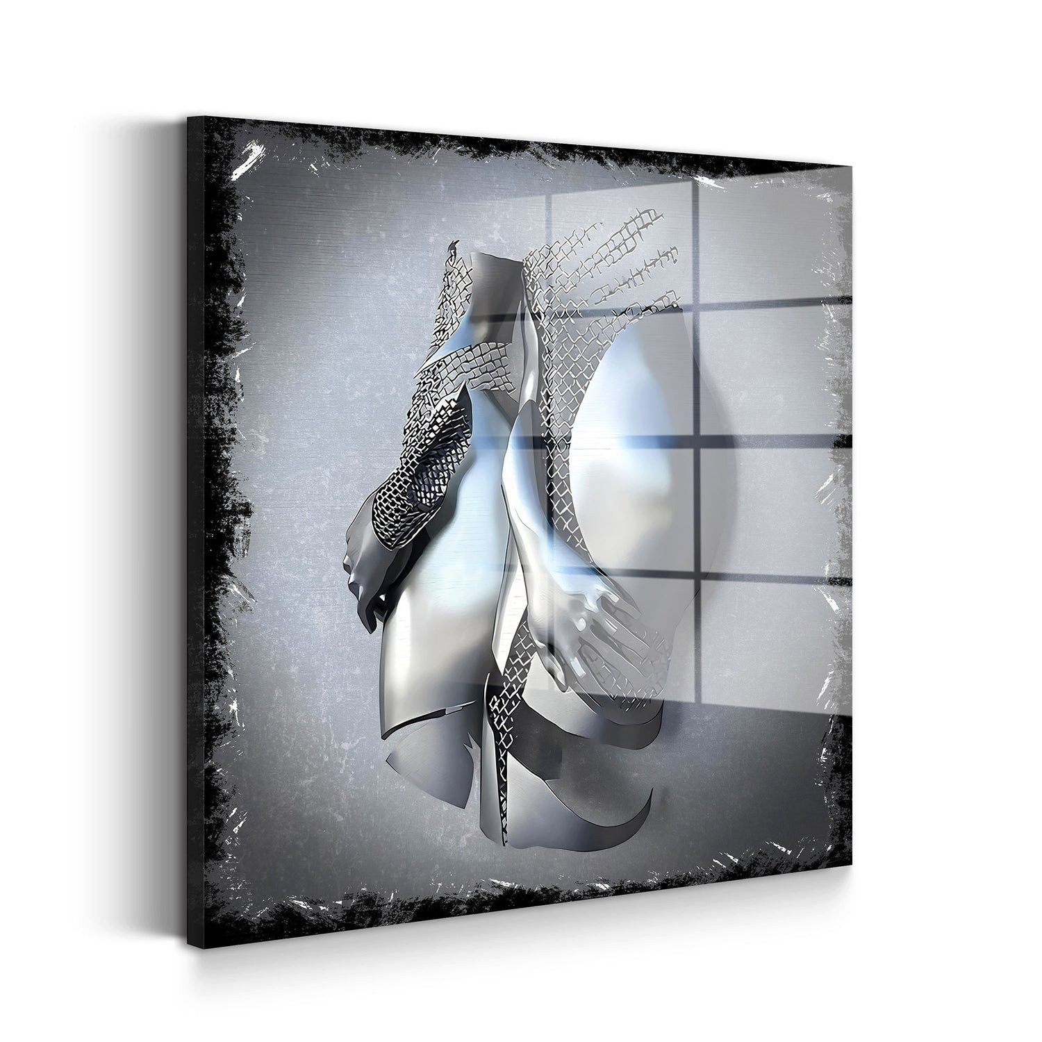Artedinoi Acrylglasbild Metallfiguren Acrylglasbild Wandbild Abstrakt Silber Skulptur XXL, Zwei ineinander verschmelzende Metallfiguren stehen für Nähe und Verbundenheit.