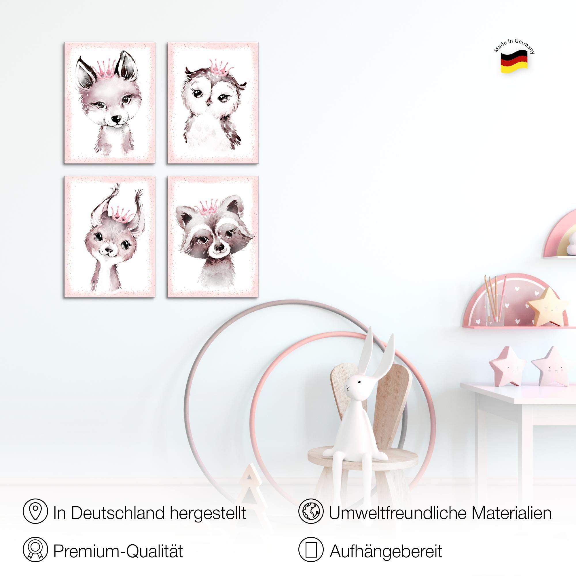 Novart Wandbild Bilder Waldtiere AUFHÄNGFERTIG Kinderzimmer Mädchen N017147a, 30 x 40 cm - 4 Bilder