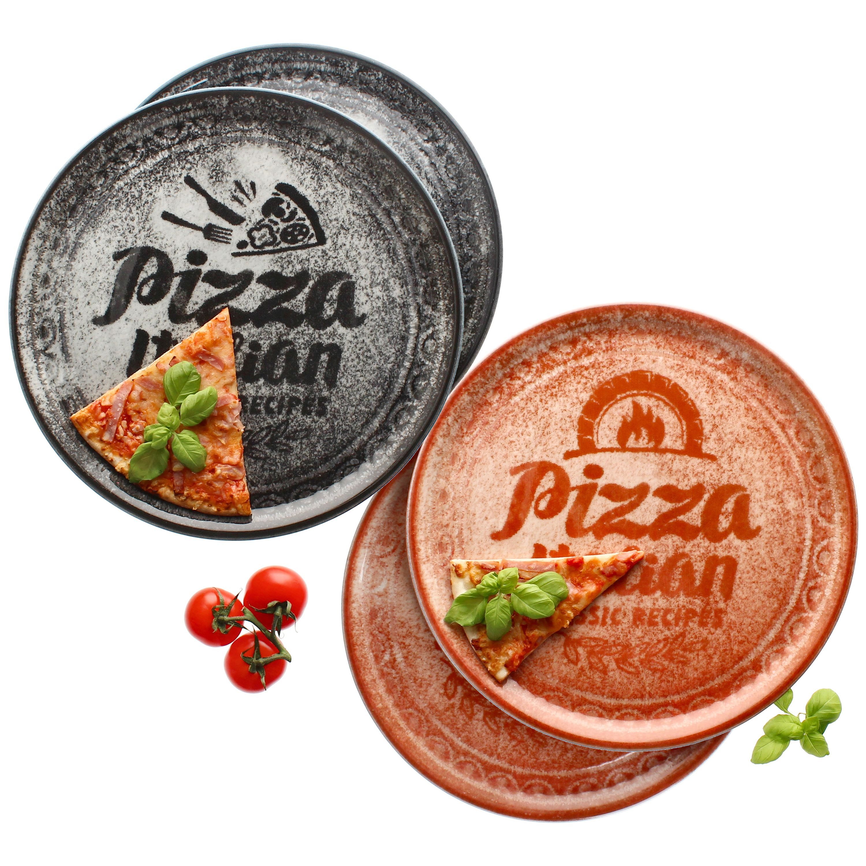 Pizzateller 4x Pizzateller rot & schwarz Ø31cm 4 Personen XL-Teller Dekor Platte