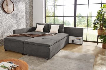 luma-home Ecksofa 15163, Dauerschläfer 307x223 cm, Schwenkteil L/R, Bettkasten, Nachtkonsole, Boxspring, Federkern, Wellenunterfederung, Topper, Bezug Cord Grau Anthrazit