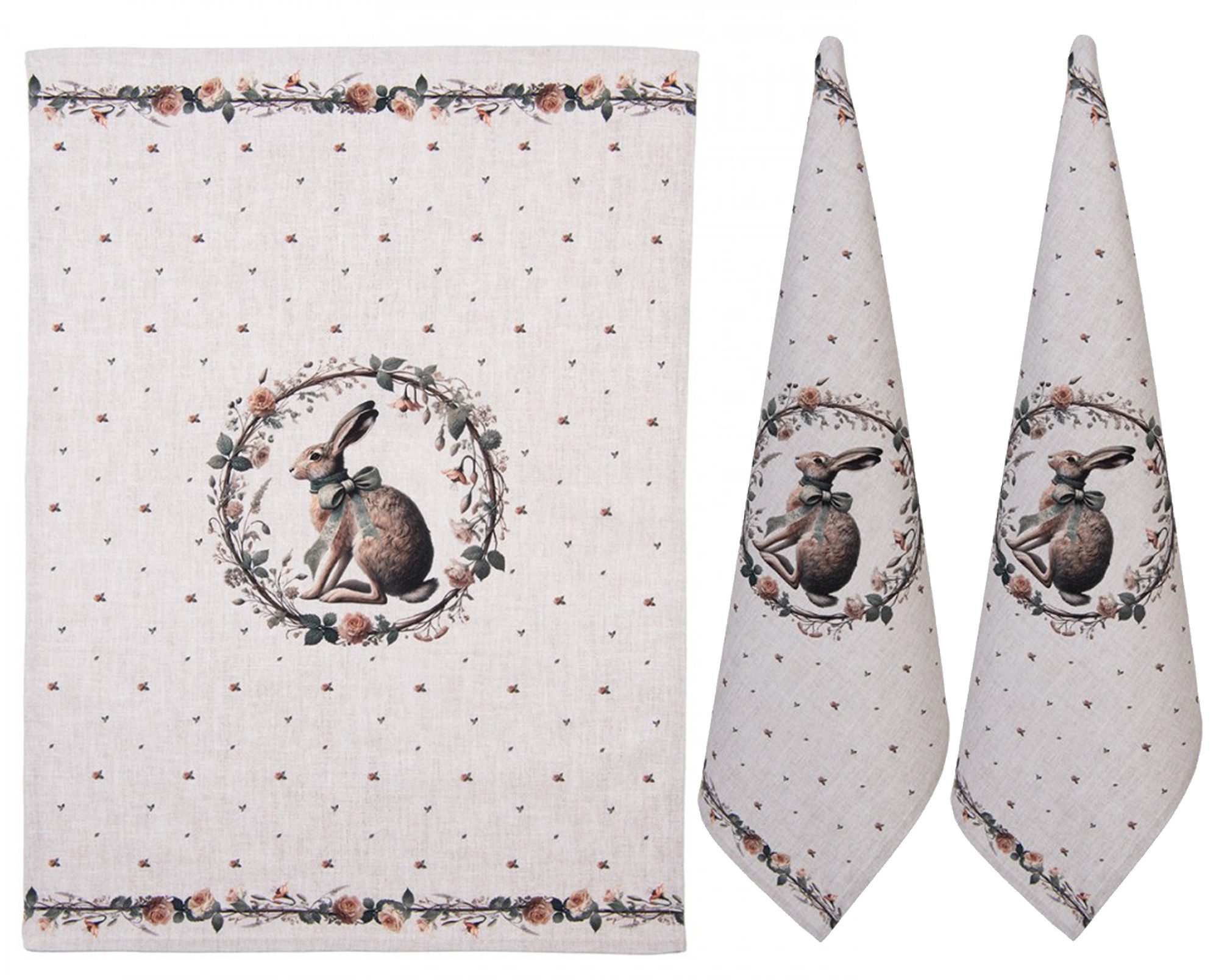 Clayre & Eef Geschirrtuch Natural Linen Easter, (3-tlg., 3-teilig), Geschirrtücher (3 Stück), ca.50x70 cm Baumwolle