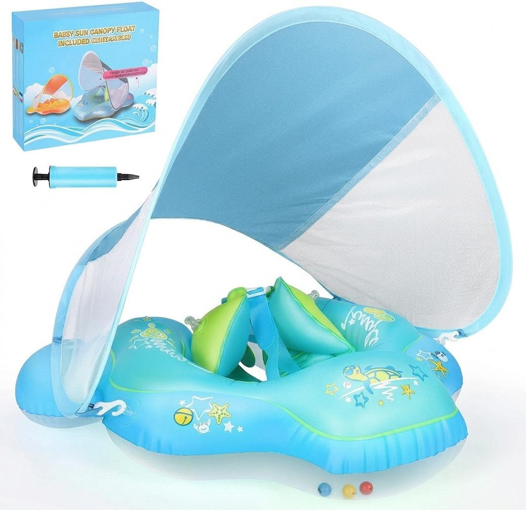 AUNIQ Schwimmhilfe Baby Schwimmring mit Sitz und abnehmbarem Sonnendach 6–36 Monate (Baby-Schwimmring mit Sitz, Baby-Schwimmring mit Sitz, Sonnendach und Pumpe), Integrierter Sitz, abnehmbares Sonnendach, aufblasbar
