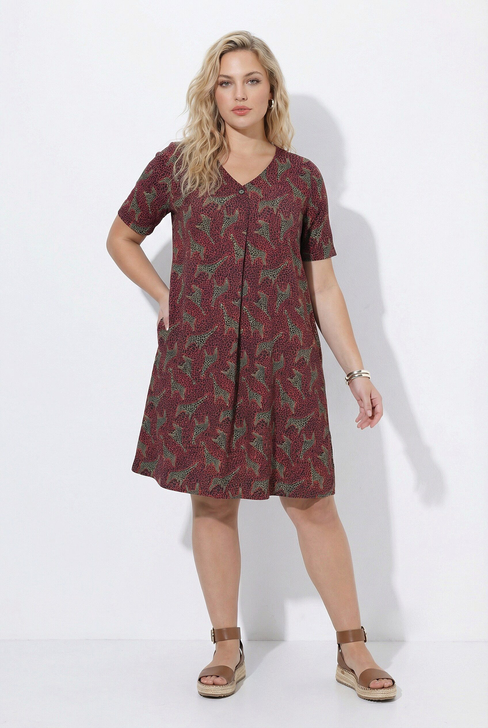 Ulla Popken Maxikleid Kleid Animalmuster A-Linie V-Ausschnitt Halbarm