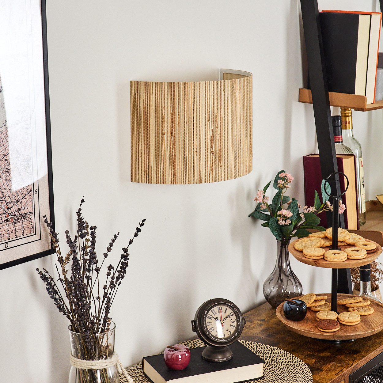 hofstein Wandleuchte moderne Wandlampe aus Metall/Seegras in Schwarz/Natur, ohne Leuchtmittel, im Boho-Design mit Up&Down Lichteffekt, 1x E27, ohne Leuchtmittel