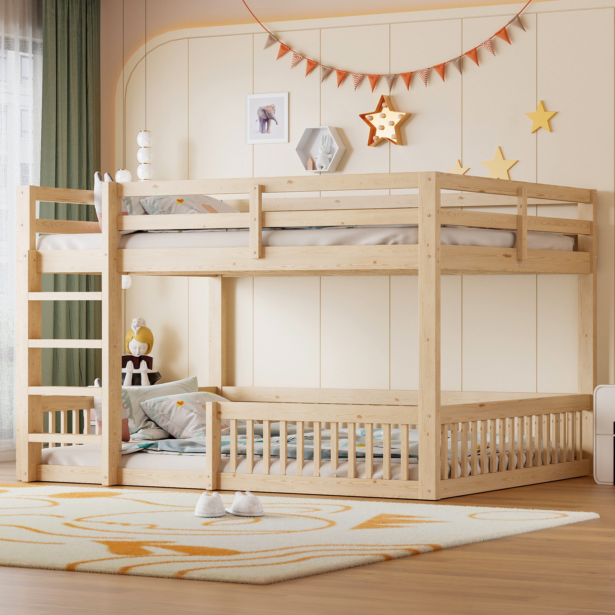 Flieks Etagenbett, Kinderbett Holzbett Familienbett 160x200cm mit Geländern und Leiter