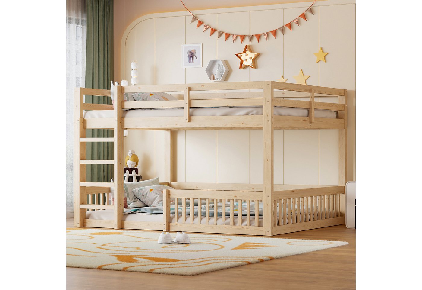 Flieks Etagenbett, Kinderbett Holzbett Familienbett 160x200cm mit Geländern und Leiter
