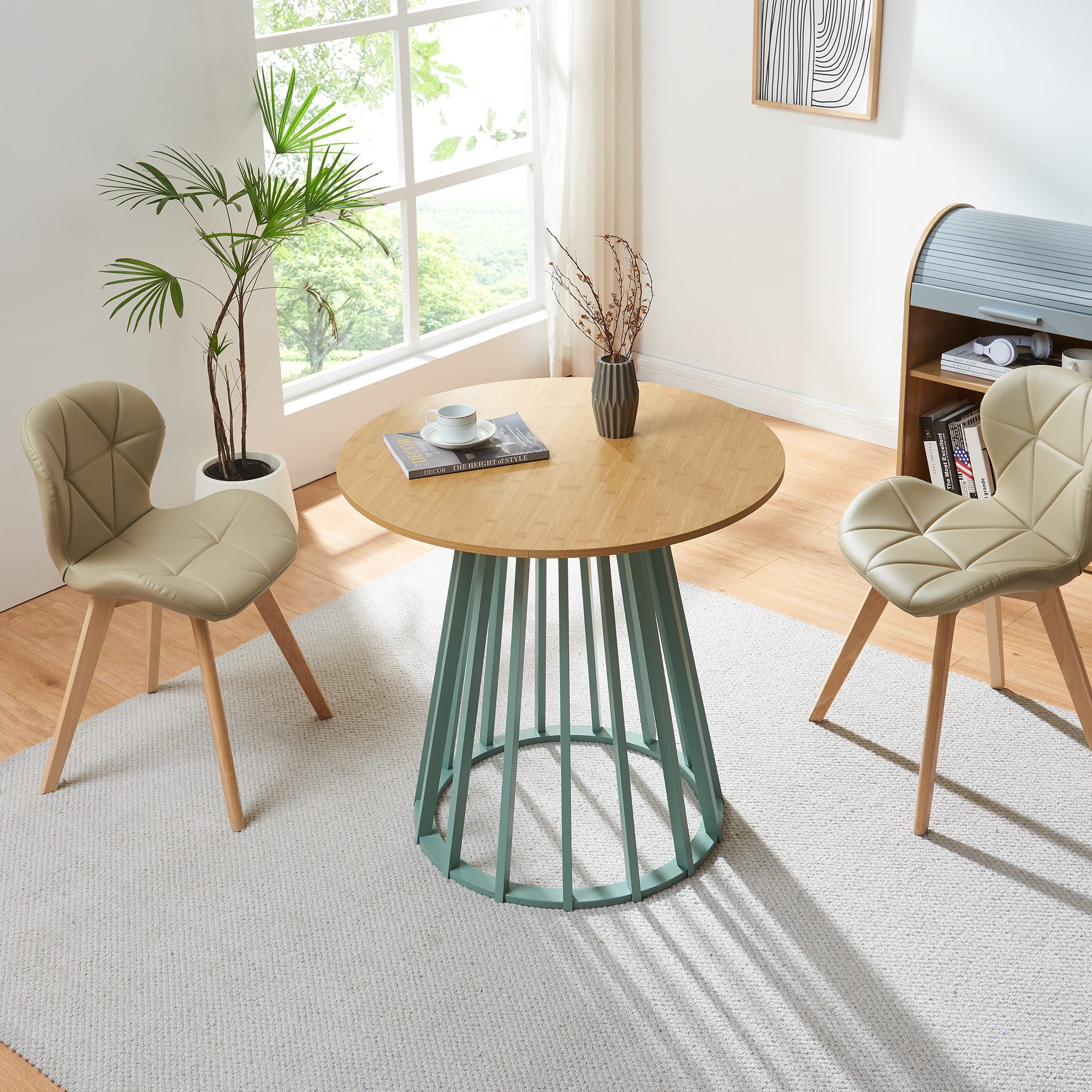 en.casa Esstisch, »Lensuu« 76 x Ø80 cm Holzgestell rund Pastellgrün/Eicheoptik