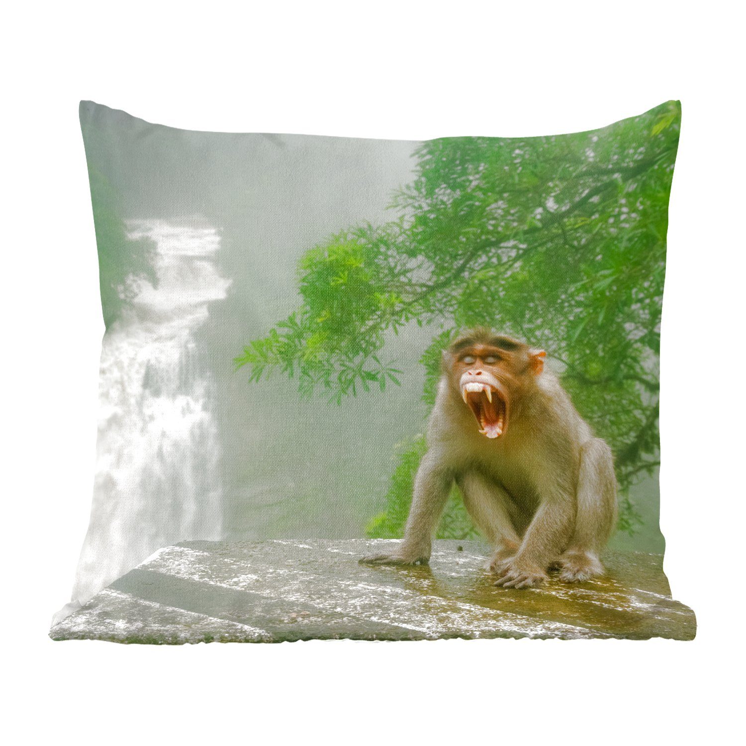 MuchoWow Dekokissen Schreiender Affe vor Wasserfall, Zierkissen mit Füllung für Wohzimmer, Schlafzimmer, Deko, Sofakissen
