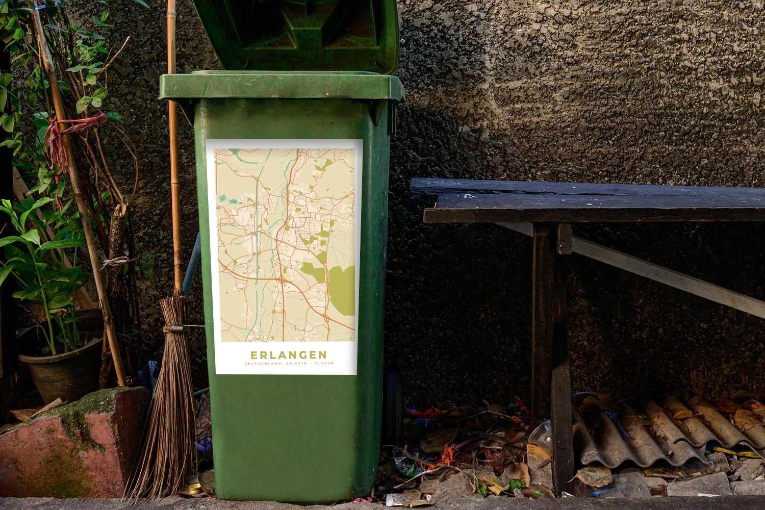 MuchoWow Wandsticker Erlangen - Jahrgang Sticker, - Karte Abfalbehälter - Mülltonne, St), Container, Mülleimer-aufkleber, (1 Stadtplan