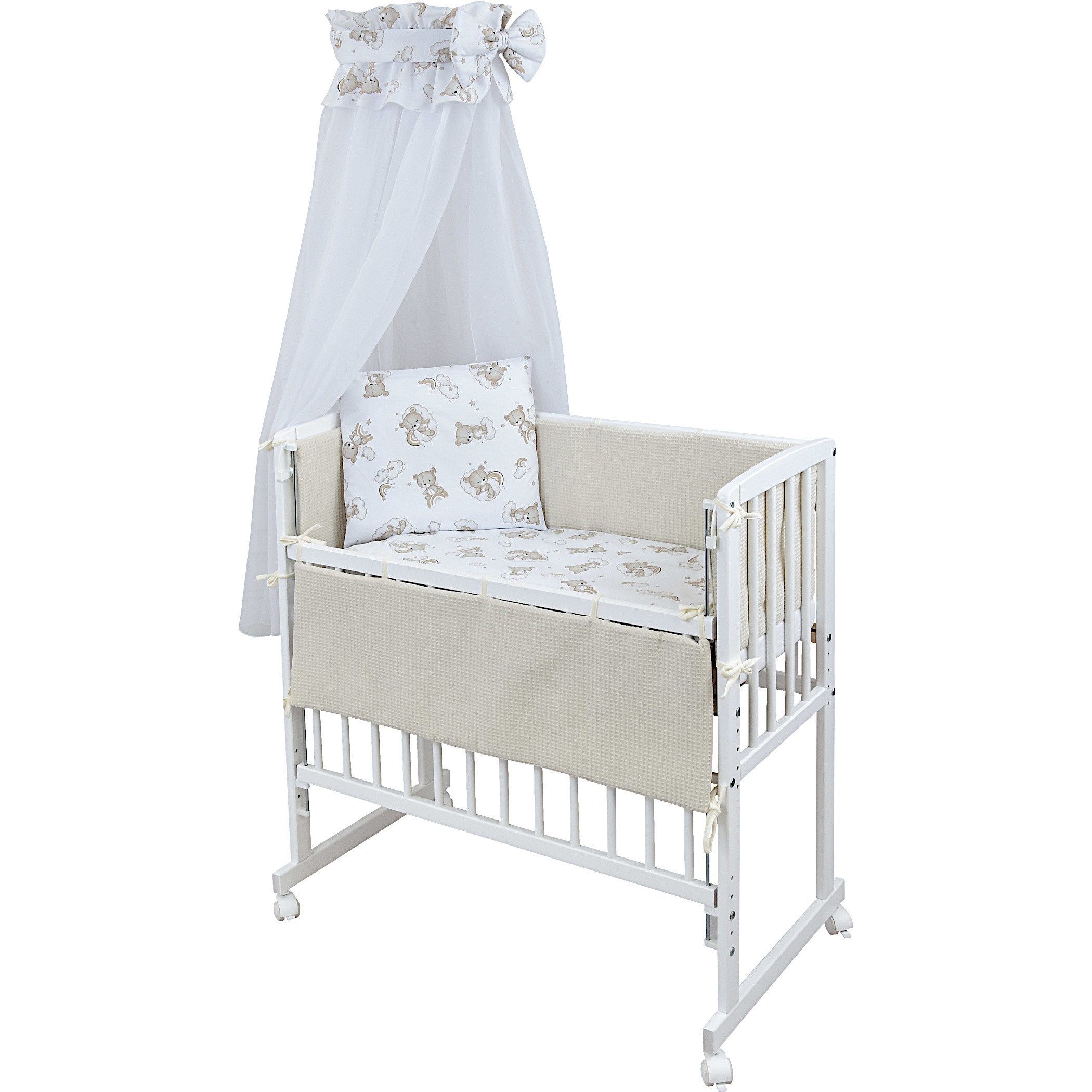 Baby-Delux Beistellbett Babybett Waffelpique Bärchen Beige, Stillbett 90x40 weiß höhenverstellbar, Matratze inkl. komplett Set