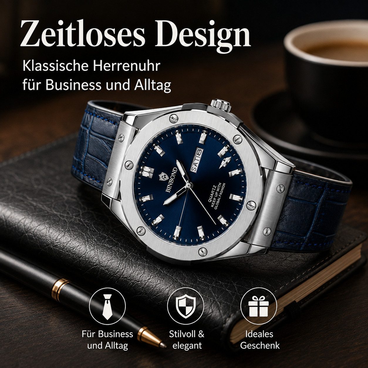 Toomoke Quarzuhr Herrenarmbanduhr Multifunktionsuhr mit Datum & Wochentag, (42 mm Analog Herrenuhr mit Lederarmband), Leuchtzeigern und 3 ATM