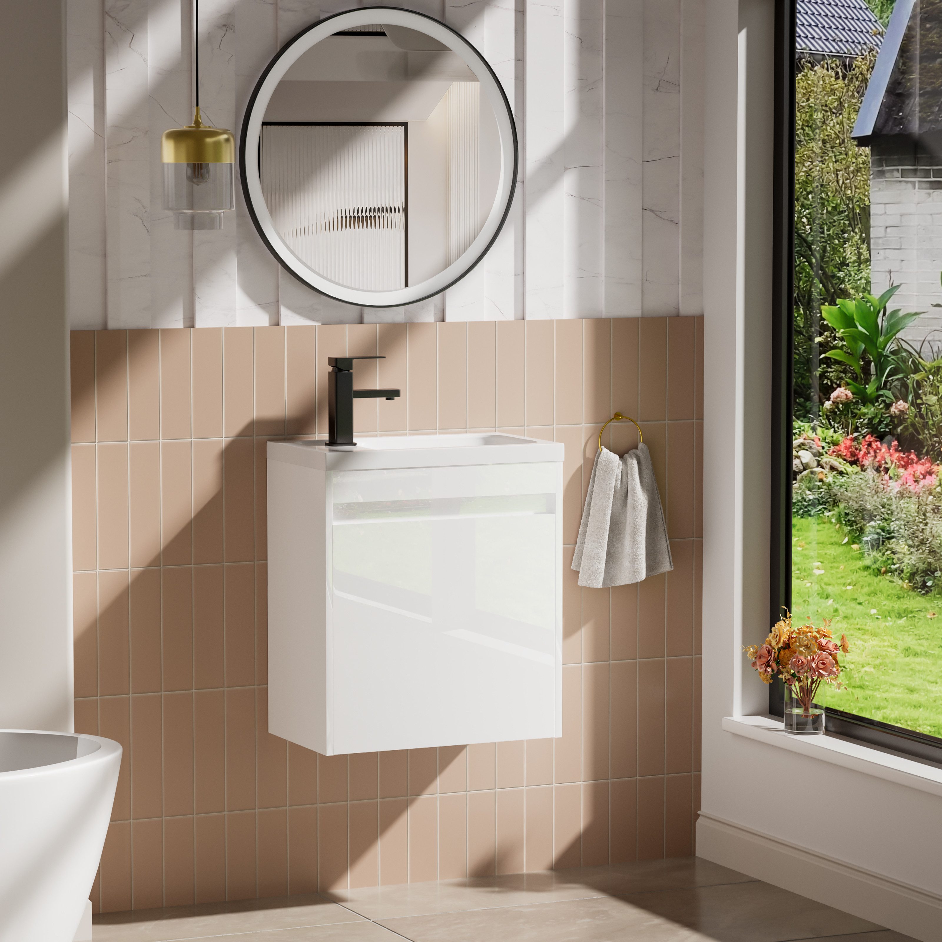 UEV Waschtisch Waschbecken klein mit Unterschrank set, Badmöbel Gäste-WC (Waschbecken mit Schrank, Unterschrank mit Harzbecken und Wasserhahn), Breit 50,5cm, Waschtischunterschrank hängend, weiß