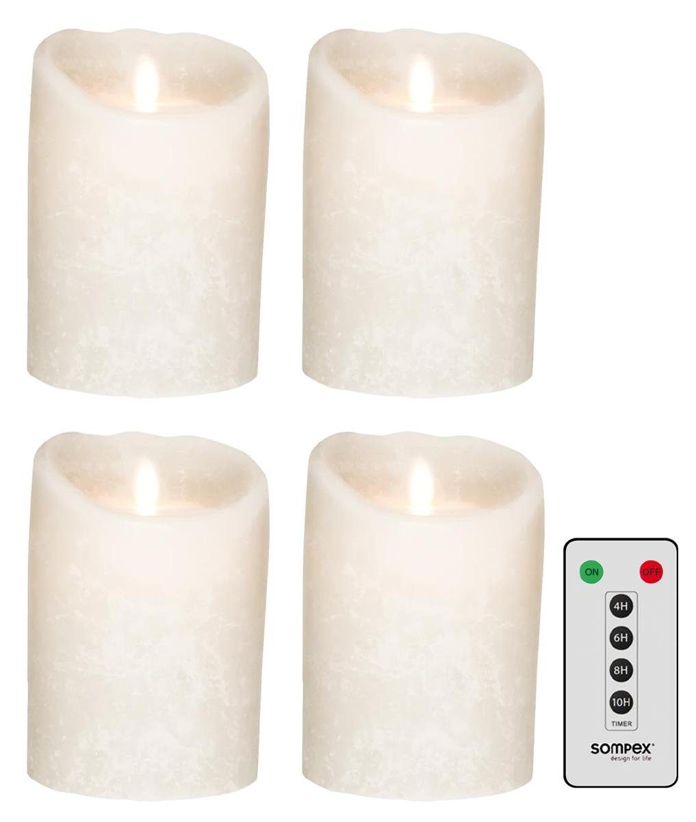 SOMPEX LED-Kerze 4er Set Flame LED Kerzen weiß Frost 12,5cm (Set, 5-tlg., 4 Kerzen, Höhe 12,5cm, Durchmesser 8cm, 1 Fernbedienung), mit Timer, Echtwachs, täuschend echtes Kerzenlicht