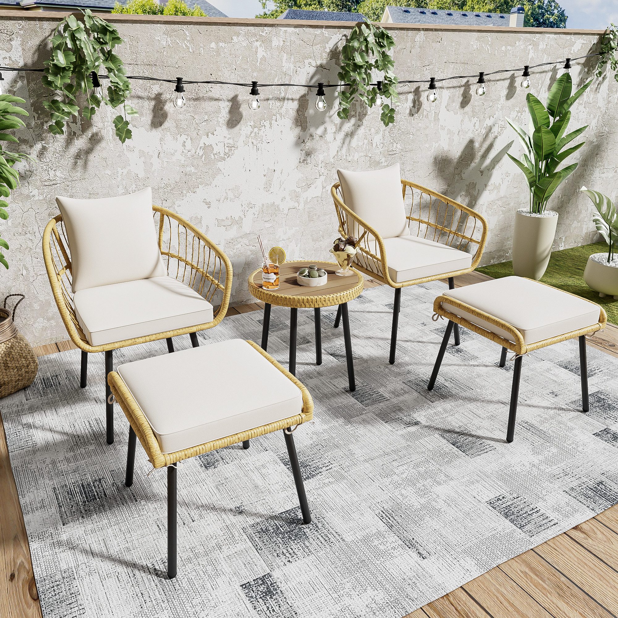 Merax Sitzgruppe, (Gartenlounge-Set Garten-Essgruppe Balkonmöbel mit Kissen, 5-tlg), 5-tlg.Gartenmöbel-Set Rattan Balkonset mit 2 Stuhl, 2 Hocher & 1 Tisch