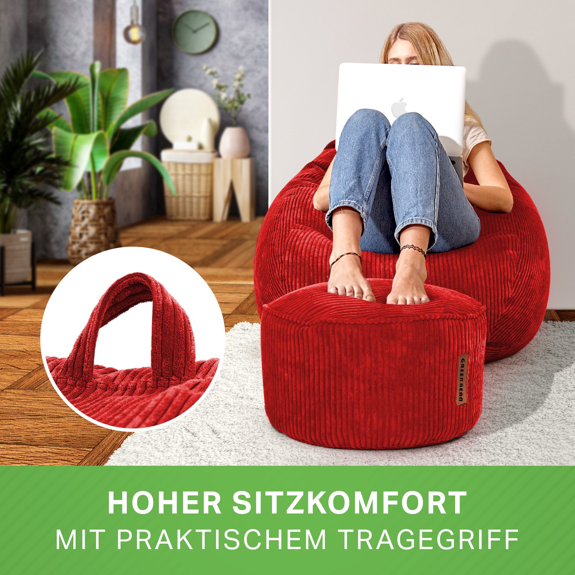 Green Cord, + Bean Rot Sessel Relax mit Pouf Sitzhocker, Sitzsack Scoop Sitzkissen Indoor