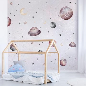 Bilderdepot24 Kindertapete Planeten Mond Sterne Aquarell Illustration Kinder Weltall pastell, Glatt, Matt, (Inklusive Gratis-Kleister oder selbstklebend), Mädchenzimmer Jungenzimmer Babyzimmer Bildtapete Fototapete Wandtapete