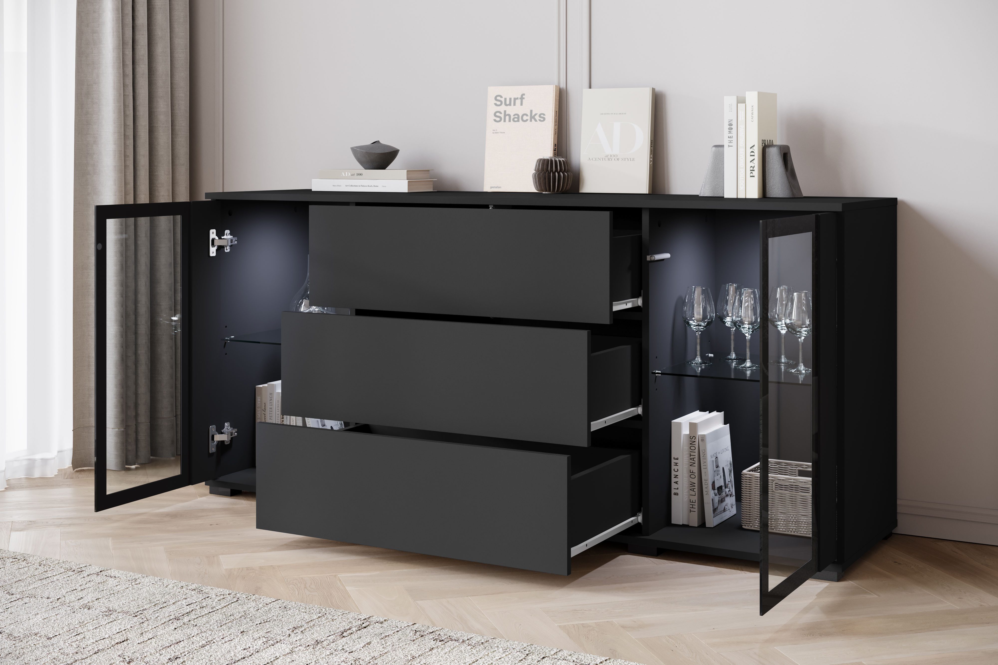 Home affaire Sideboard modernes Design mit Glaseinsätzen und 3 Schubladen, Breite 150 cm (1 St), Grifflose Fronten mit Push-to-Open, höhenverstellbare Einlegebö – Bild 5 von 5