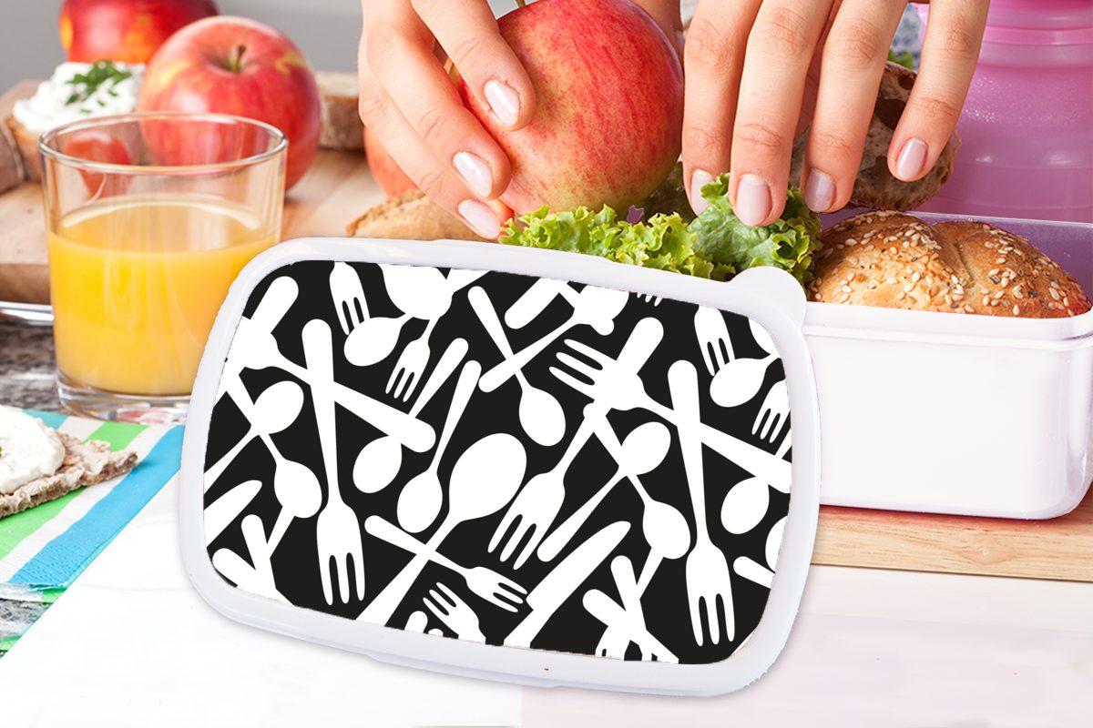 MuchoWow Lunchbox Besteck - Weiß, Muster Kinder Schwarz - Kunststoff, Brotbox für und Erwachsene, Mädchen (2-tlg), und Brotdose, und für Jungs