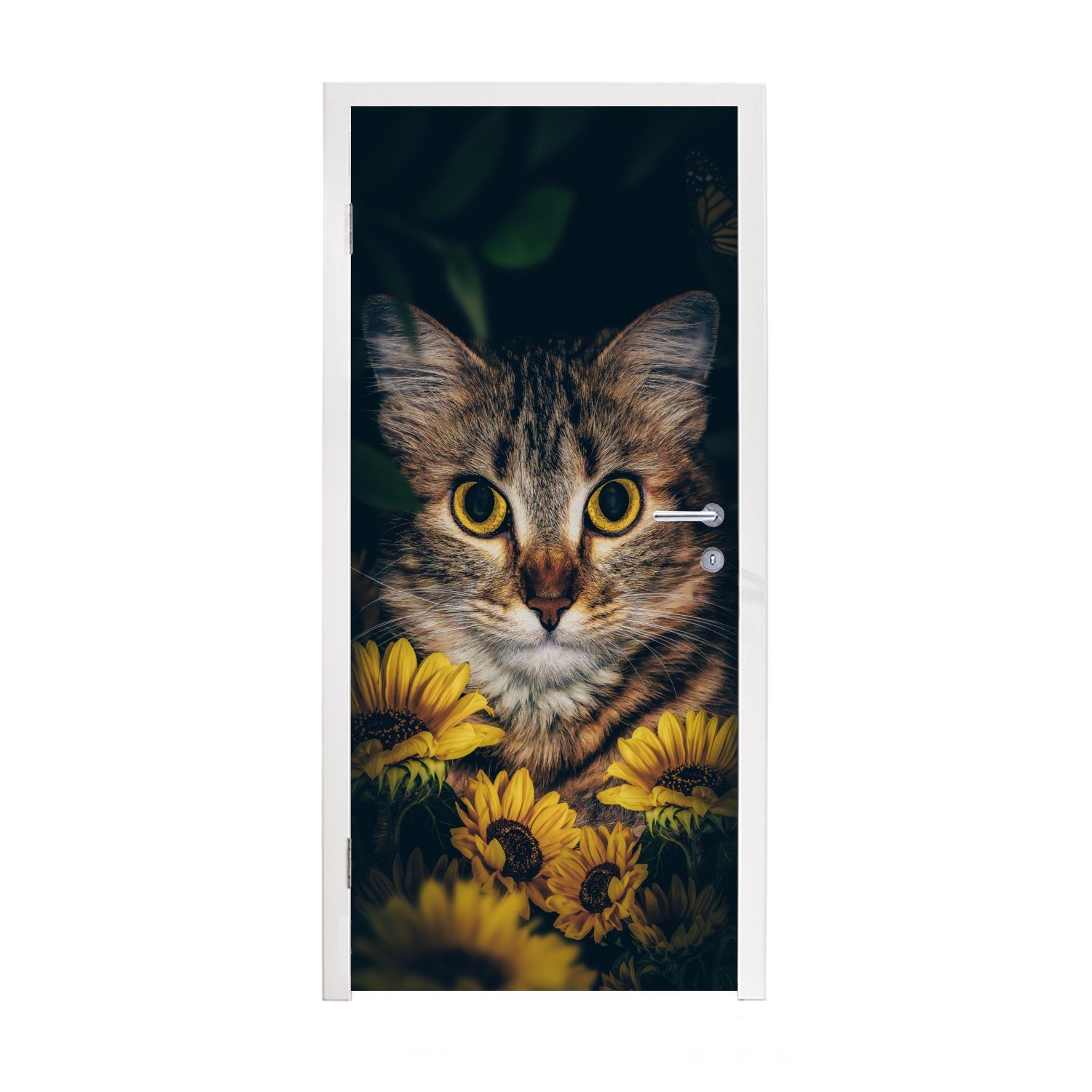 MuchoWow Türtapete Katze - Gelb - Blumen - Botanisch, Matt, bedruckt, (1 St), Fototapete für Tür, Türaufkleber, 75x205 cm