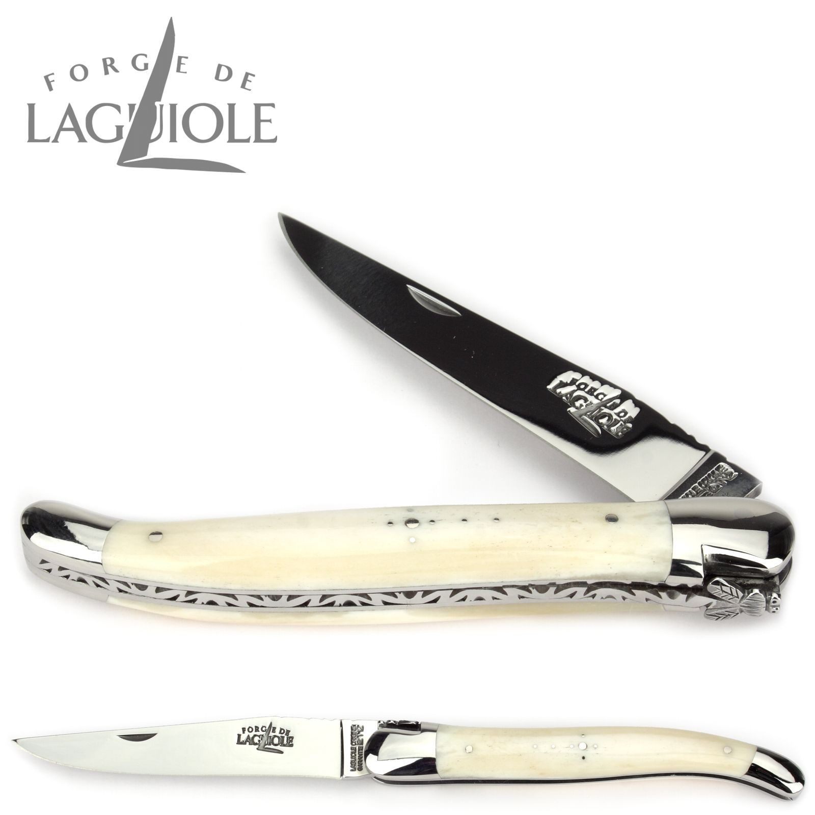 Forge de Laguiole Taschenmesser 1212 F IN OS BRI, "Collection" - Griff 12cm Knochen - Feder verziert - Stahl glänzend