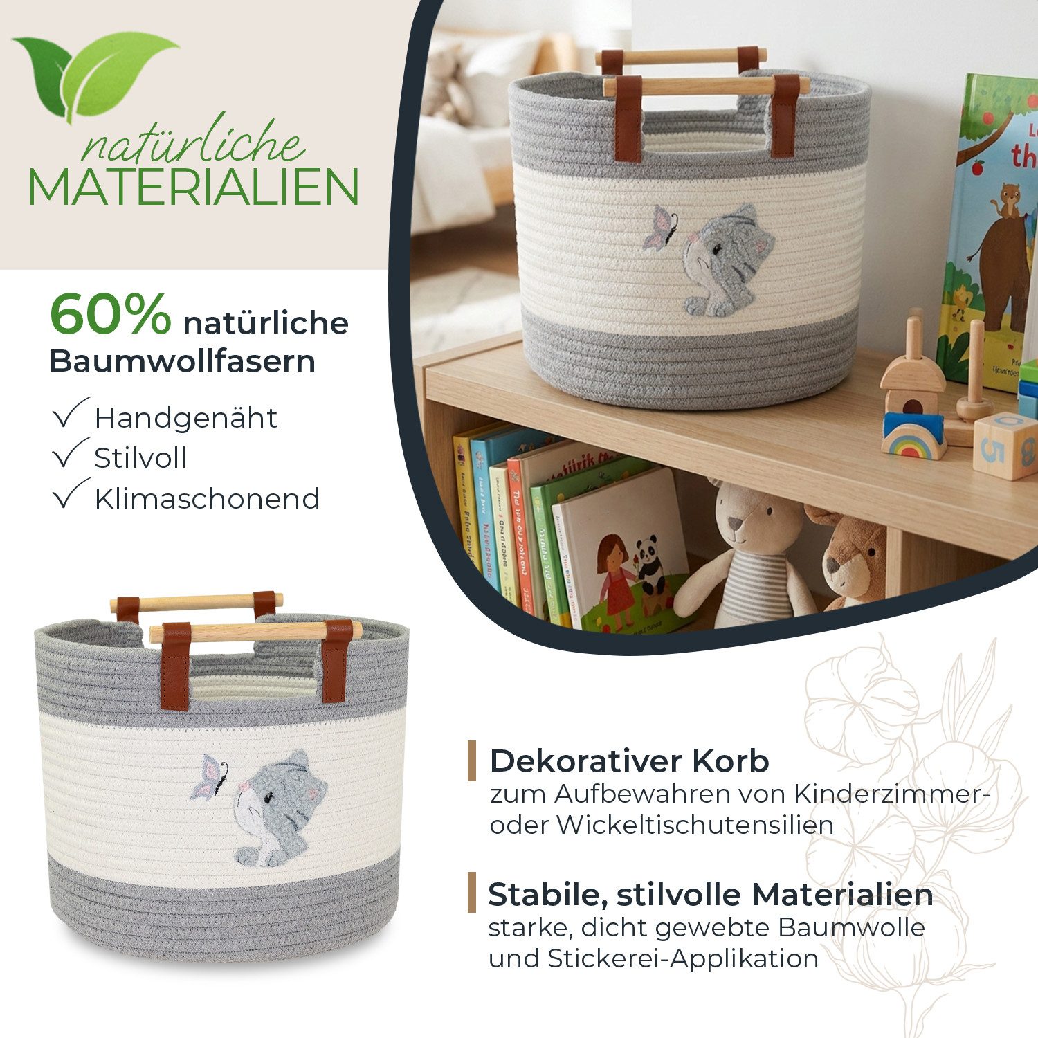 HMF Aufbewahrungskorb Aufbewahrungskorb mit Holzgriffen, runder Korb, Baumwolle für Kinderzimmer oder Babyzimmer, Katze, 30 x 30 x 24 cm