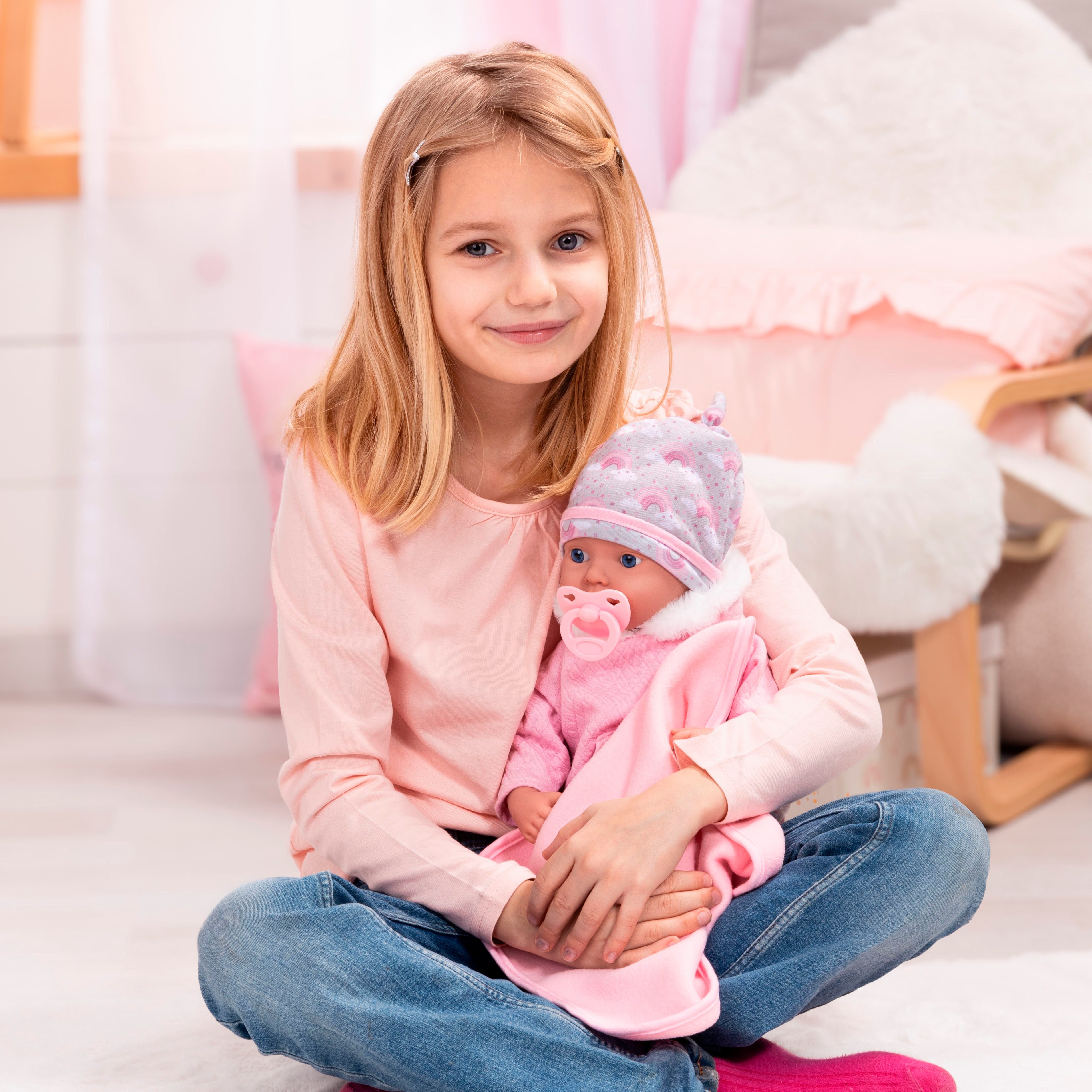 Bayer Babypuppe Reborn Baby, 38 cm Regenbogenmuster (4-tlg) – Bild 4 von 4