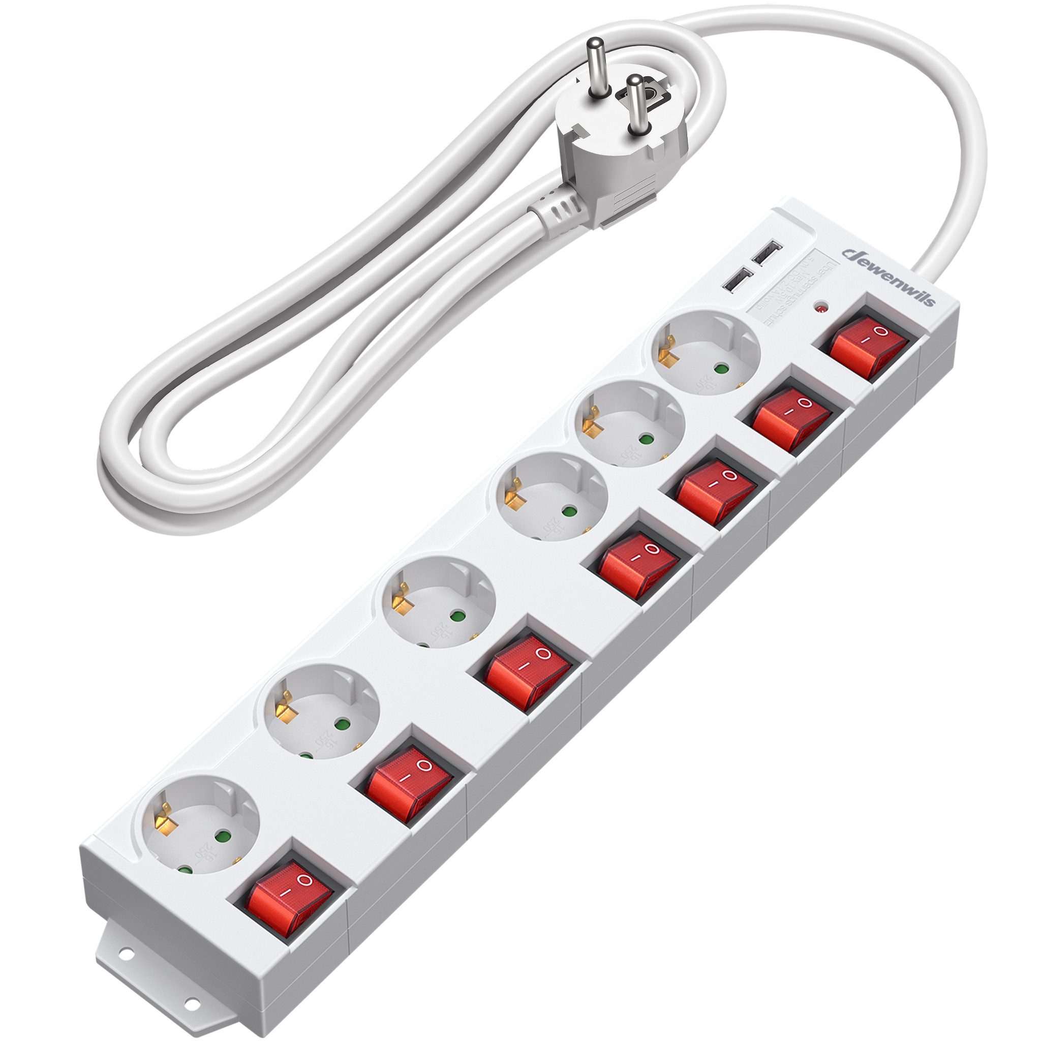 DEWENWILS Steckdosenleiste 6-fach (USB-Anschlüsse, Kindersicherung, Überspannungsschutz, Kabellänge 2 m), Steckdosenleiste einzeln schaltbar mit USB, 90° Gedreht