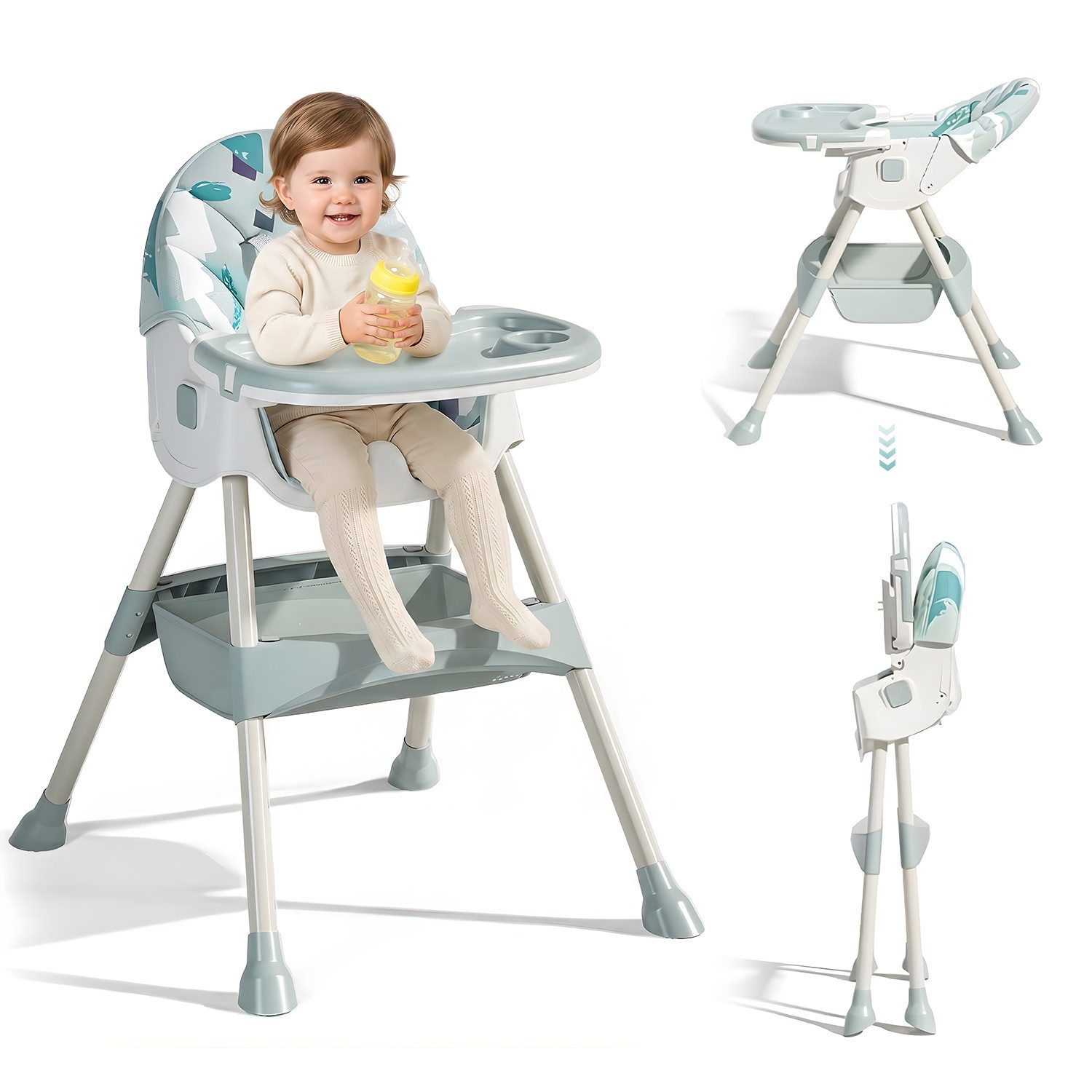 HEYHIPPO Kinderklappstuhl Hochstuhl Babys ab 6 Monaten Klappbarer Esszimmerstuhl mit Esstablett (Geeignet für Babys im Alter von 0–6 Jahren. 91 × 75 × 63 cm), Kindersitz verstellbarer Rückenlehne,abnehmbar und herausnehmbar,grün