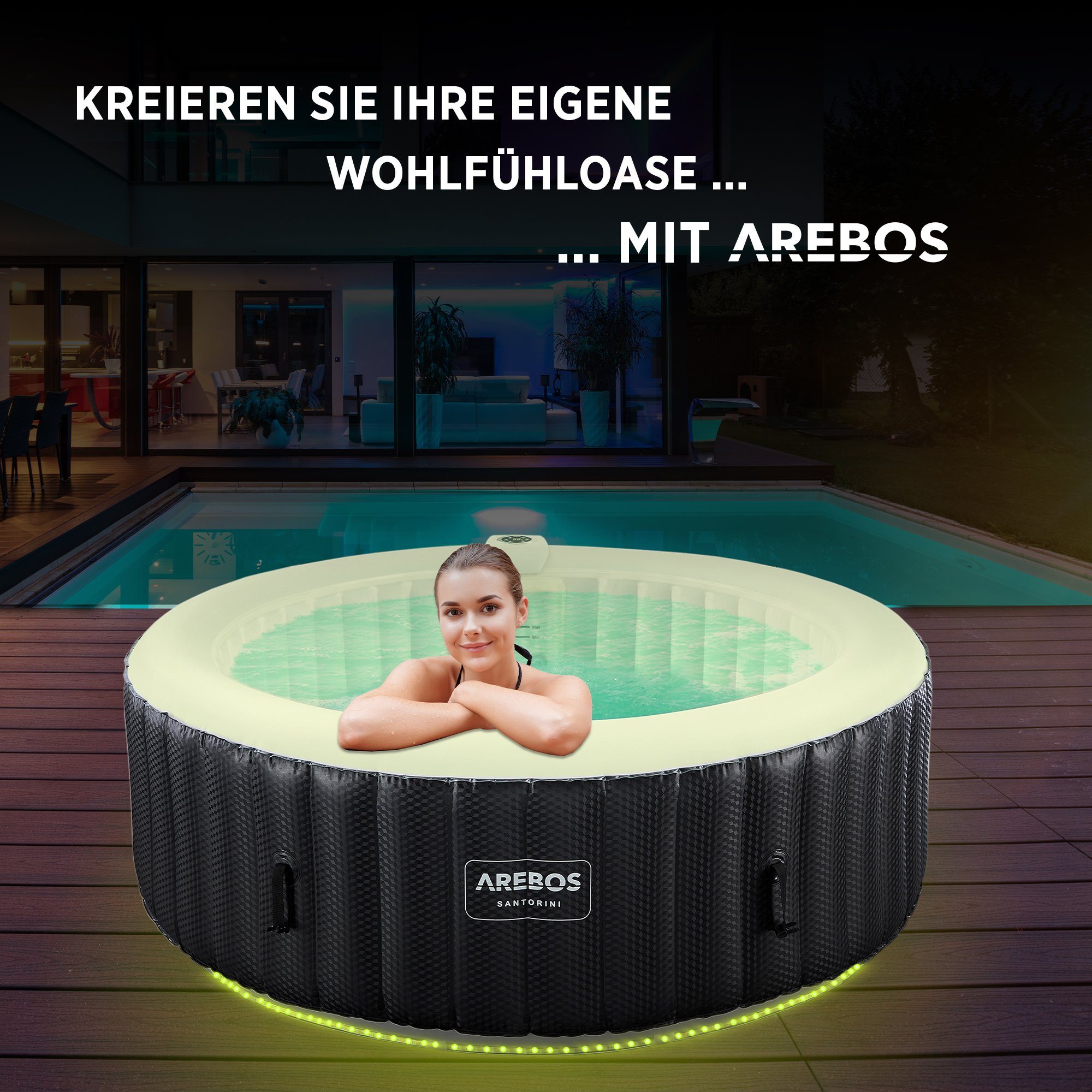 Arebos Whirlpool SANTORINI aufblasbar für bis zu 6 Personen mit 130 Massagedüsen, (Komplett-Set, mit LED-Beleuchtung, 208 x 208 cm), für Outdoor & Indoor