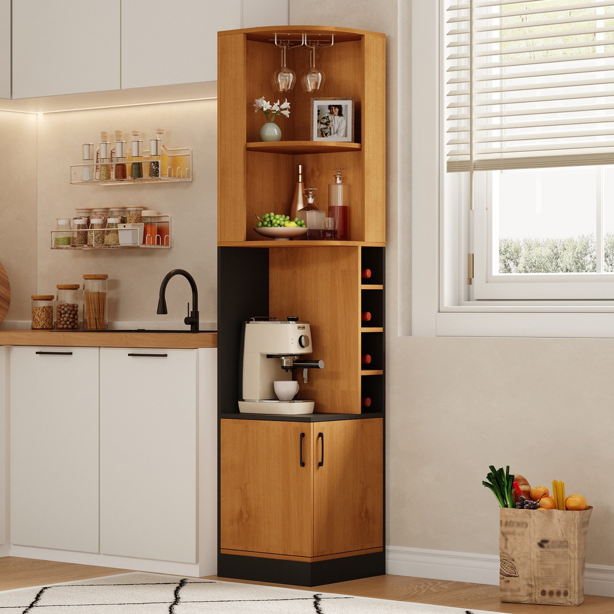 Flieks Eckschrank Hochschrank mit Weinglasregal, Gläserhalter, Ablagen und 2 Türen (40×40×182 cm, 1-St) Mehrzweckschrank Eckregal Küchenschrank Landhausstil Natur