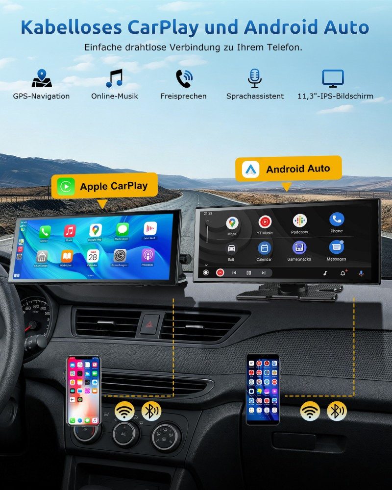 ESSGOO 4K 11,3“ Android Auto 360° Dashcam mit Rückfahrkamera Spiegel Dashcam (HD, Tragbar Autoradio Rückfahrkamera IPS Touchscreen GPS Navi FM AUX)