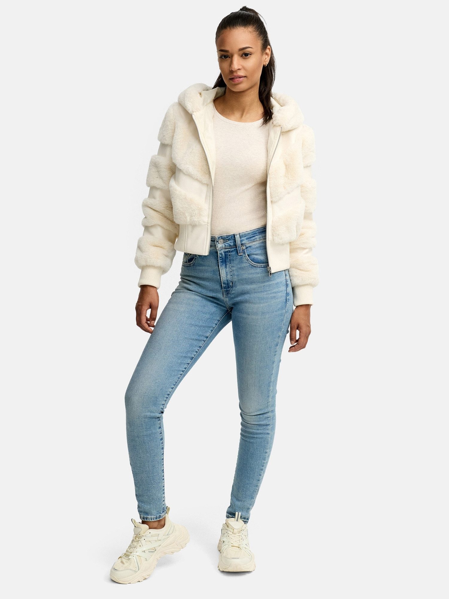 Tazzio Winterjacke F803 mit Kapuze, im Bomber-Style & Fell-Streifen-Look